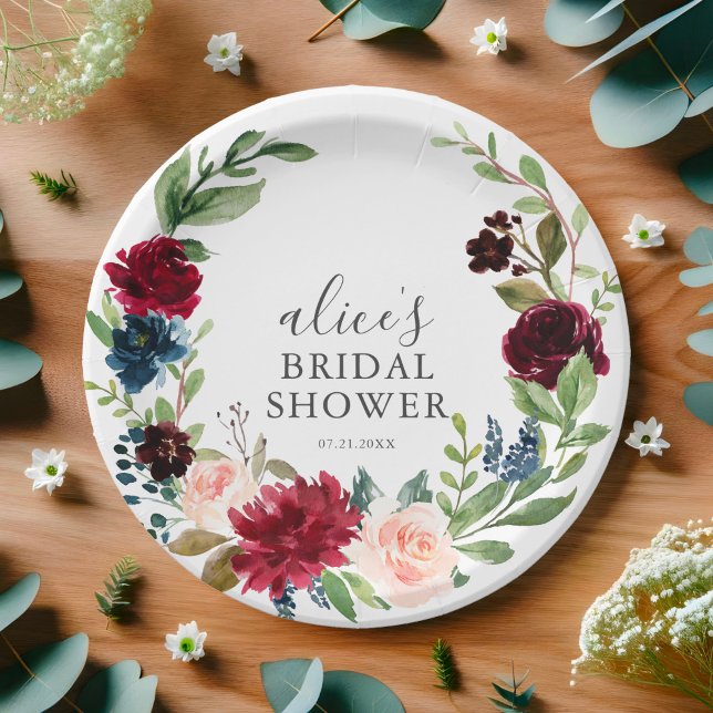 Boho Burgundy Blue Floral Script Brautparty Pappteller (Von Creator hochgeladen)