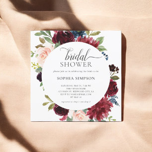 Boho Burgundy Blue Flowers Script Brautparty Einladung