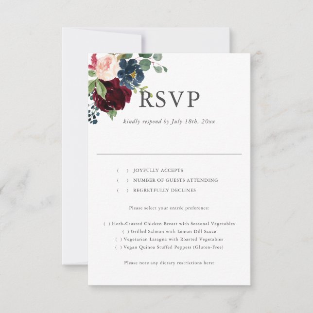 Boho Burgundy Blue Flowers Wedding RSVP (Vorderseite)