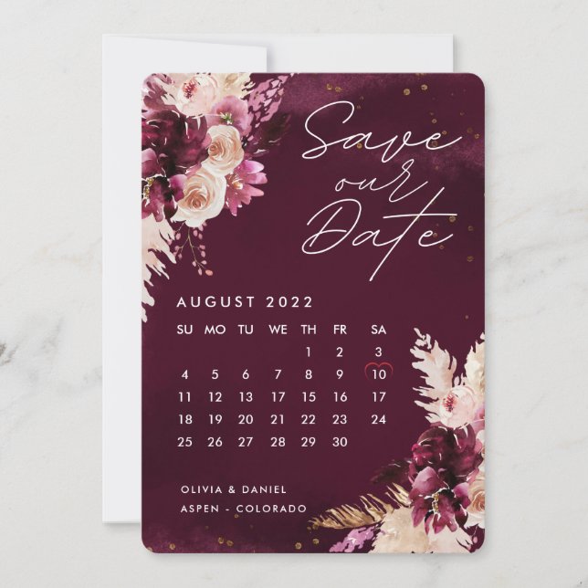 Boho Burgundy Blume Kalender Save the Date  Einladung (Vorderseite)