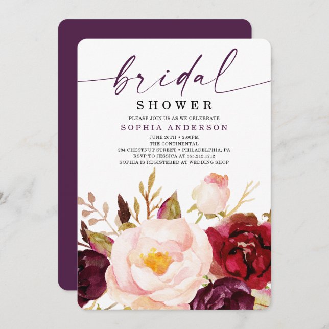 Boho Burgundy Blumendusche Einladung (Vorne/Hinten)