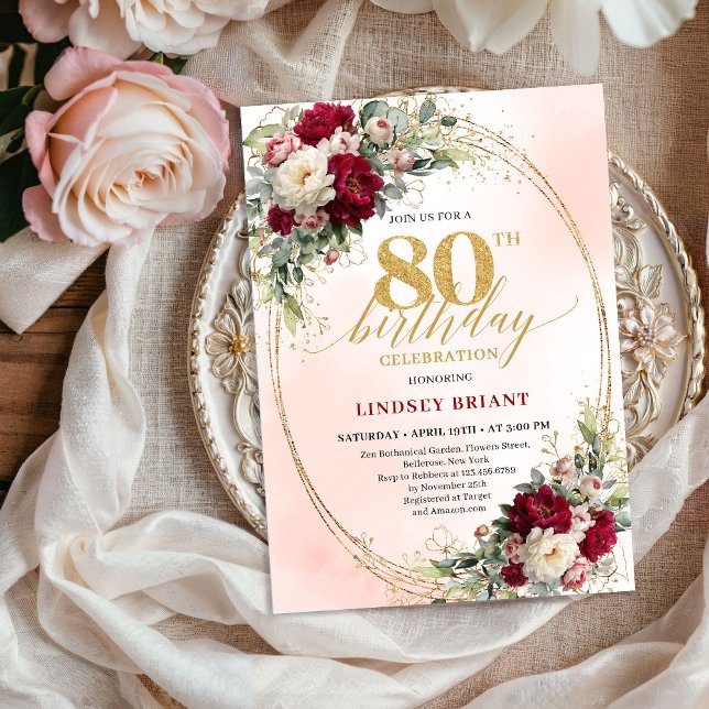 Boho Burgundy Blush Floral 80th Birthday Invite Einladung (Boho Burgundy Blush Floral 80th Birthday Invitation)