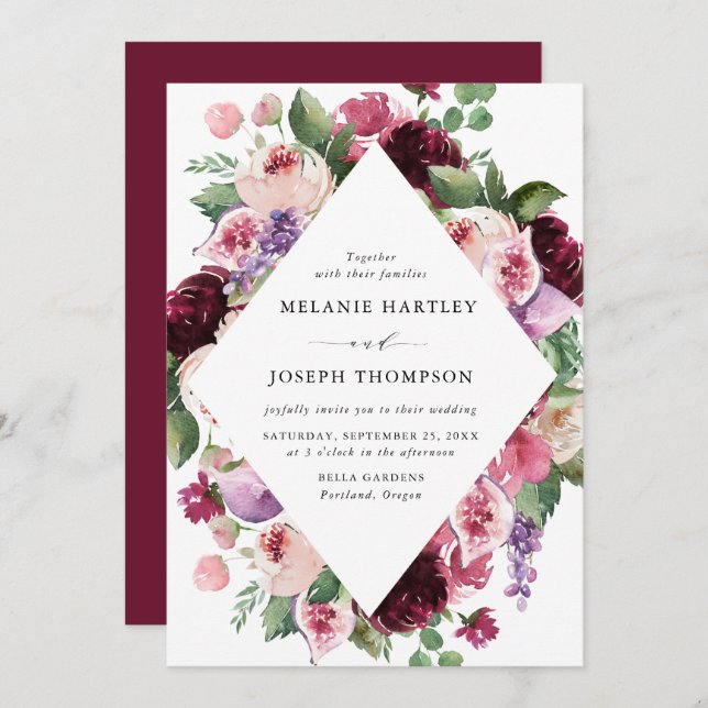 Boho Burgundy & Blush Floral & Frucht Hochzeit Einladung (Vorne/Hinten)