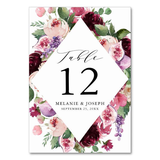 Boho Burgundy & Blush Floral & Frucht Hochzeit Tischnummer (Vorderseite)
