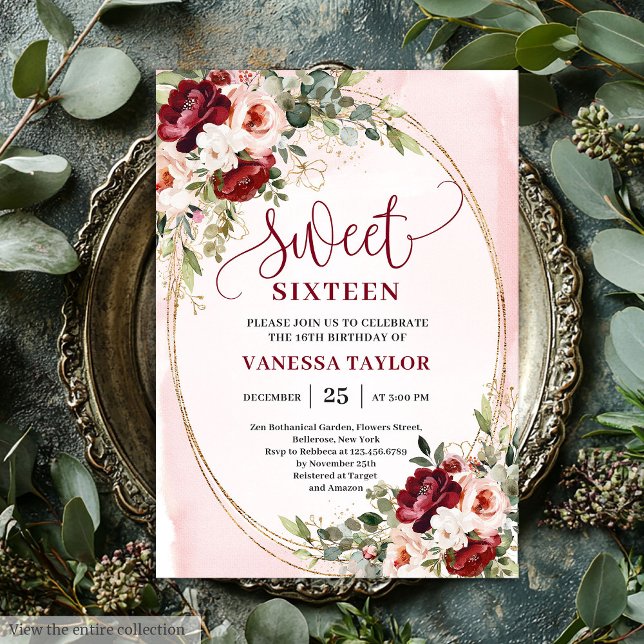 Boho Burgundy Blush Floral Sweet Sixteen Party Einladung (Boho Burgundy Blush Floral Sweet Sixteen Party Invitation)