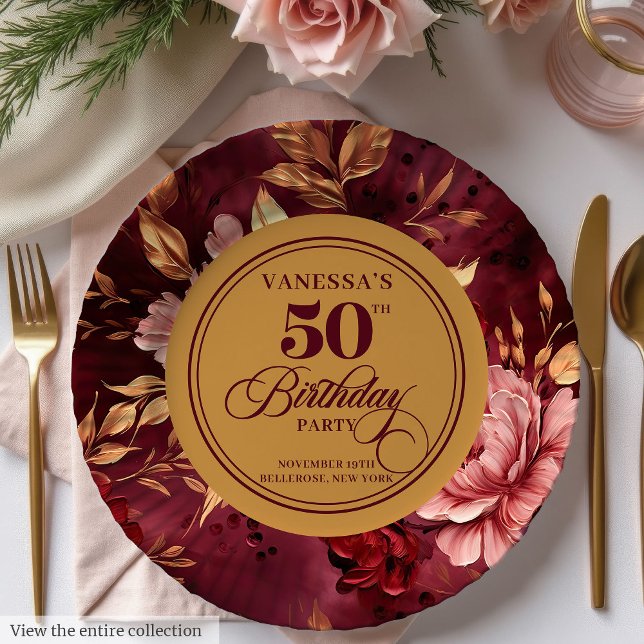 Boho Burgundy Blush Gold 50. Geburtstag Pappteller (Elegant Boho Burgundy Blush Gold 50th Birthday Paper Plates)