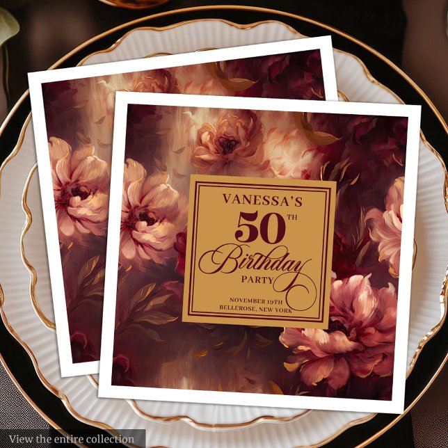 Boho Burgundy Blush Gold 50. Geburtstag Serviette (Elegant Boho Burgundy Blush Gold 50th Birthday Paper Dinner Napkins)