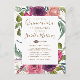 Boho Burgundy Blush Pink Floral Quinceañera Postkarte