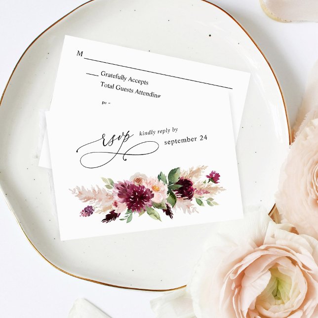 Boho Burgundy & Blush Pink Floral w Meal UAWG 2 RSVP Karte (Von Creator hochgeladen)