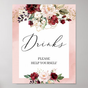 Boho burgundy Blush Rosa Blumengetränke Zeichen Poster