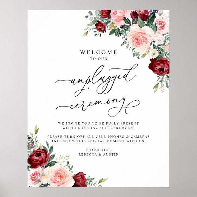 Boho Burgundy Blush Unplugged Zeremonie Hochzeit Poster (Vorne)