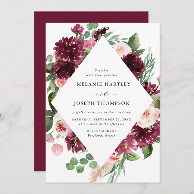 Boho Burgundy & Blush Wasserfarben Hochzeit mit Bl Einladung (Vorne/Hinten)