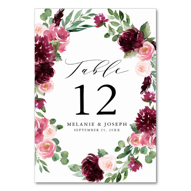 Boho Burgundy & Blush Wasserfarben Hochzeit mit Bl Tischnummer (Vorderseite)