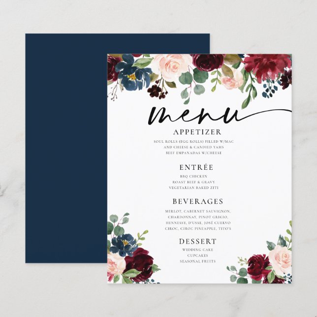 Boho Burgundy Blush Wedding Flat Menu (Vorne/Hinten)