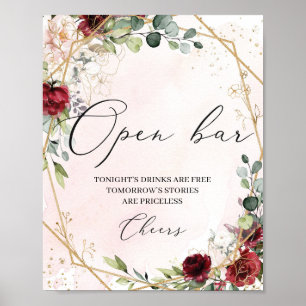 Boho burgundy Blütengold Hochzeitszeichen offen Ba Poster