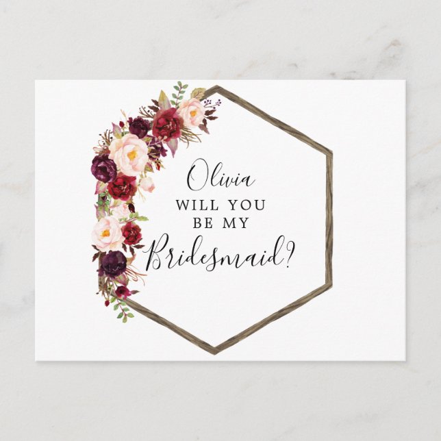 Boho Burgundy Bridesmaid Vorschlagskarte Postkarte (Vorderseite)