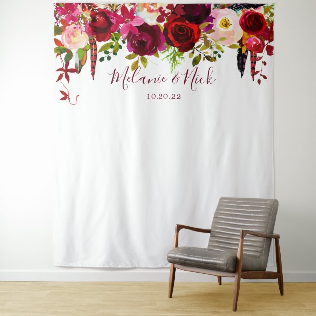 Boho Burgundy feathers Floral Foto Hintergrund Wandteppich (Beispiel)