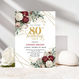 Boho Burgundy Floral 80th Birthday Invitation Einladung