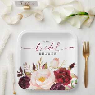 Boho Burgundy Floral Brautparty Paper Tellers Pappteller