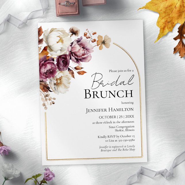 Boho Burgundy Floral Gold Arc Fall Bridal Brunch Einladung (Von Creator hochgeladen)