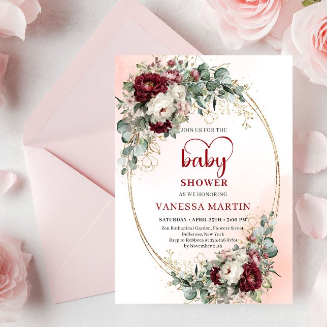 Boho Burgundy Floral Gold Baby Shower Invitation Einladung (Boho Burgundy Floral Baby Shower Invitation with Greenery)