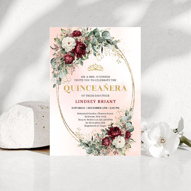 Boho Burgundy Floral Gold Quinceañera Invitation Einladung (Boho Burgundy Floral Gold Quinceañera Invitation)