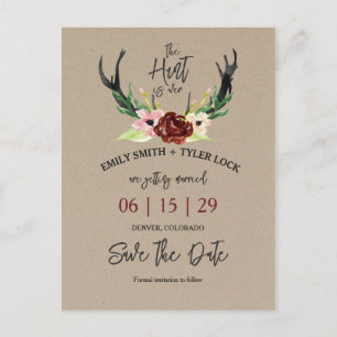Boho Burgundy Floral Hunt ist Save the Date vorbei Ankündigungspostkarte