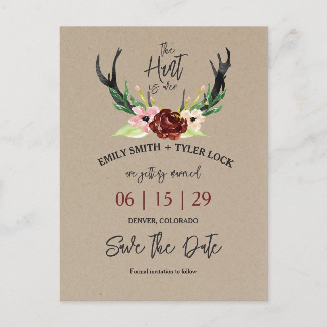 Boho Burgundy Floral Hunt ist Save the Date vorbei Ankündigungspostkarte (Vorderseite)