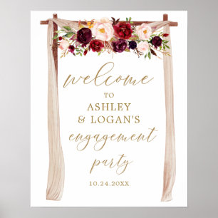 Boho Burgundy Floral Marsala Engagement Party Poster