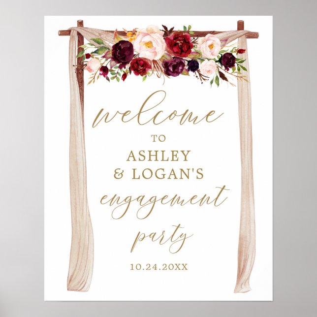 Boho Burgundy Floral Marsala Engagement Party Poster (Vorne)