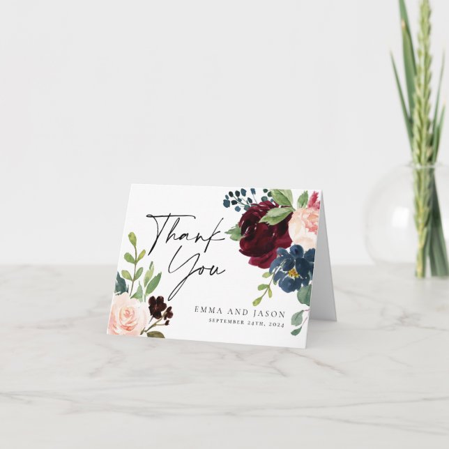 Boho Burgundy Floral Wedding Dankeschön Karte (Vorderseite)