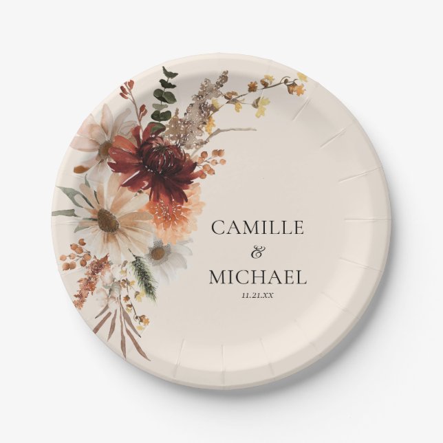 Boho Burgundy Floral Wedding Pappteller (Vorderseite)