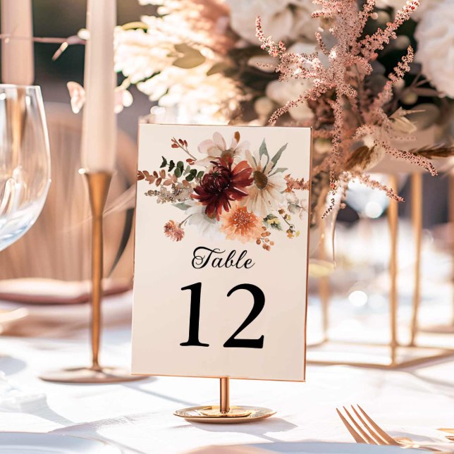 Boho Burgundy Floral Wedding Tischnummer (Boho Fall Wedding Table Numbers)
