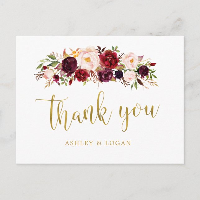 Boho Burgundy Floral Wedding Vielen Dank Postkarte (Vorderseite)