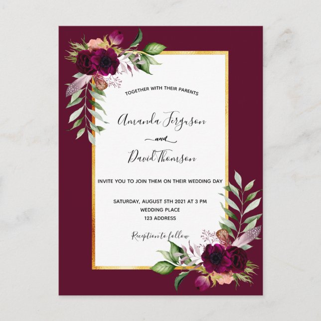 Boho burgundy florals Gold Einladung zur Hochzeit Postkarte (Vorderseite)