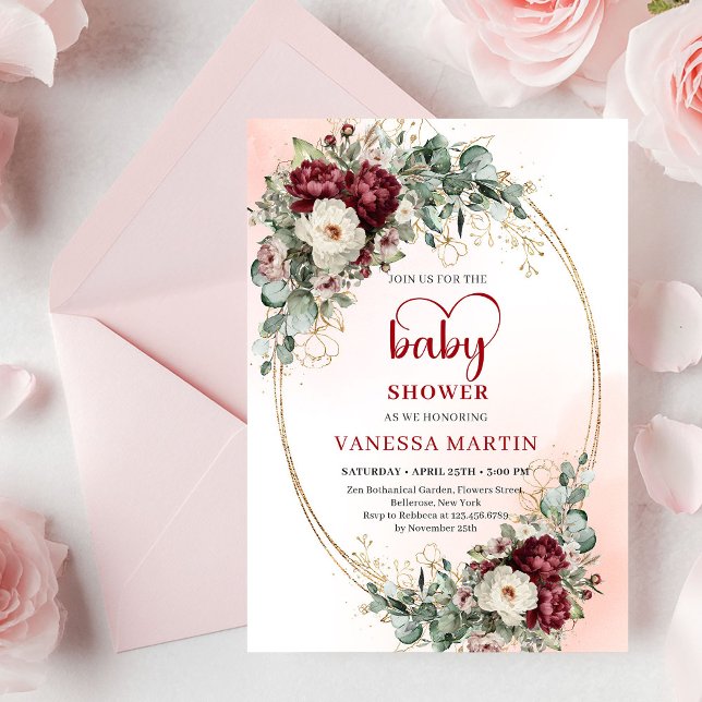 Boho Burgundy Greenery Gold Baby Shower Invite Einladung (Boho Burgundy Greenery Gold Baby Shower Invite)