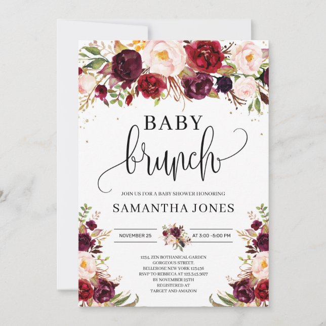 Boho burgundy Marsala Blütengold Baby Brunch Einladung (Vorderseite)