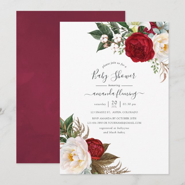 Boho Burgundy - Marsala Floral Baby Shower Einladung (Vorne/Hinten)