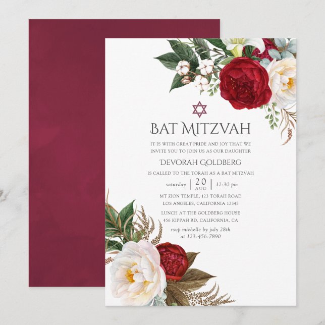 Boho Burgundy - Marsala Floral Bat Mitzvah Einladung (Vorne/Hinten)