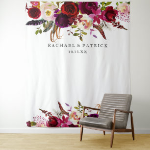 Boho Burgundy Marsala Floral Wedding Background Wandteppich
