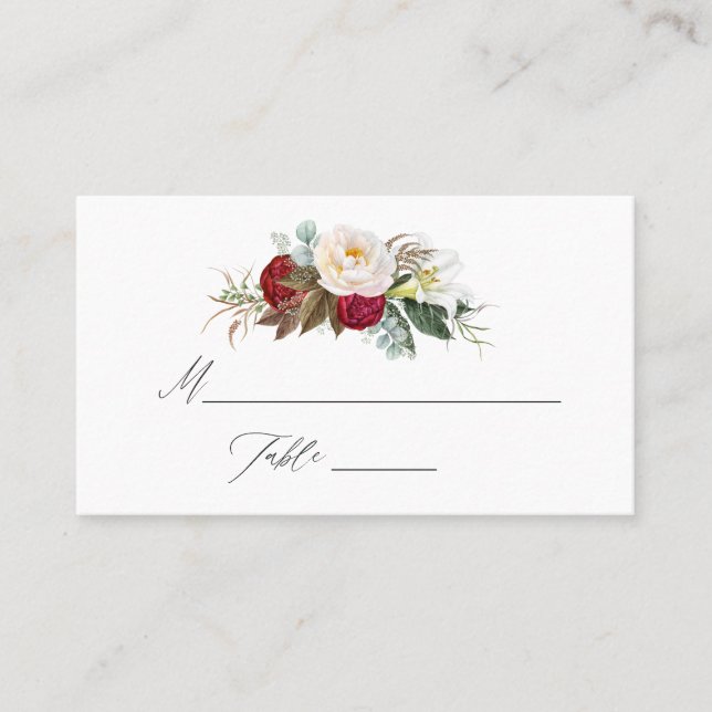 Boho Burgundy - Marsala Floral Wedding Platzkarte (Vorderseite)