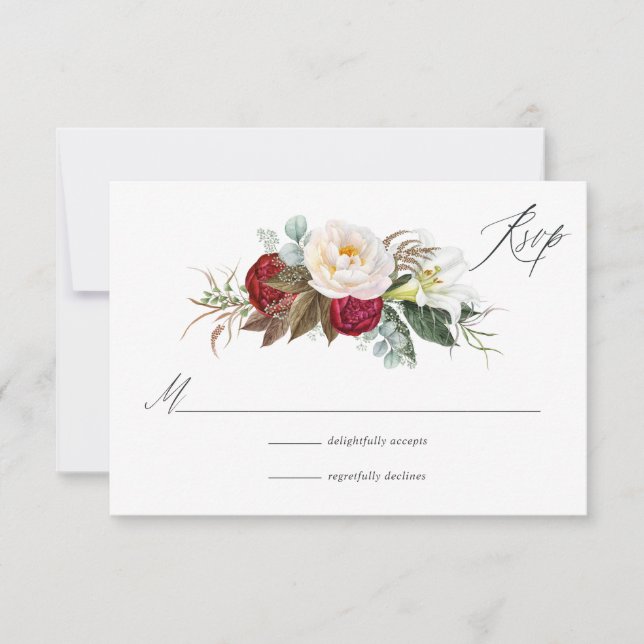 Boho Burgundy - Marsala Floral Wedding RSVP Karte (Vorderseite)