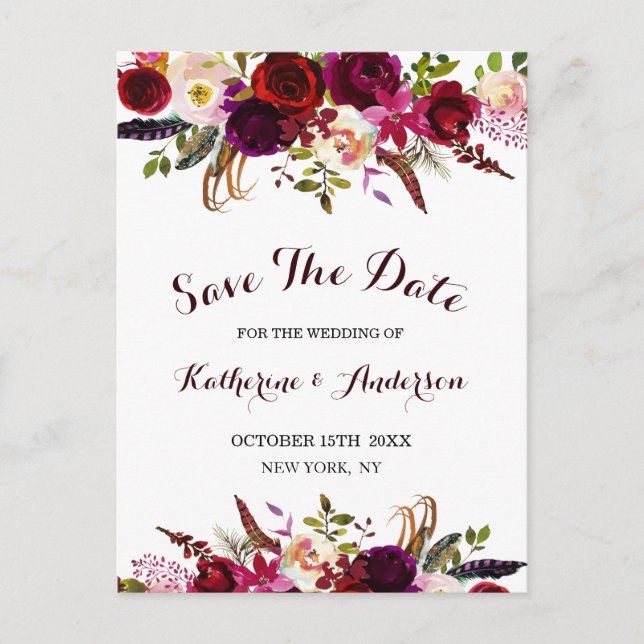 Boho Burgundy Marsala Floral Wedding Save the Date Ankündigungspostkarte (Vorderseite)