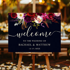 Boho Burgundy Marsala Floral Wedding Welcome Sign Poster