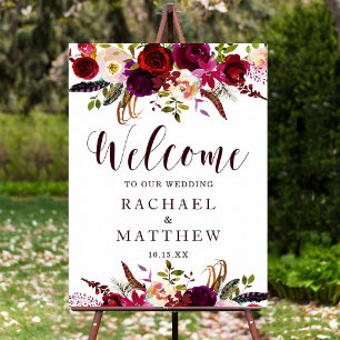 Boho Burgundy Marsala Floral Welcome Wedding Sign Poster