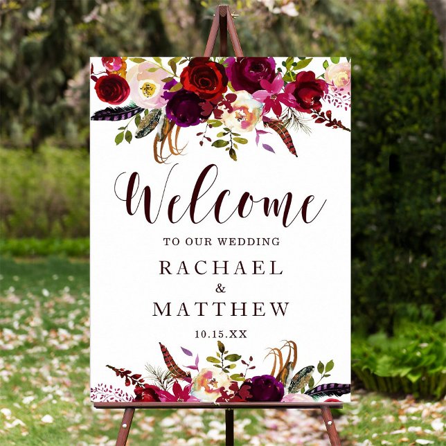 Boho Burgundy Marsala Floral Welcome Wedding Sign Poster (Von Creator hochgeladen)