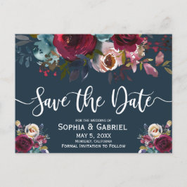 Boho Burgundy Marsala Navy Floral Save the Date Ankündigungspostkarte