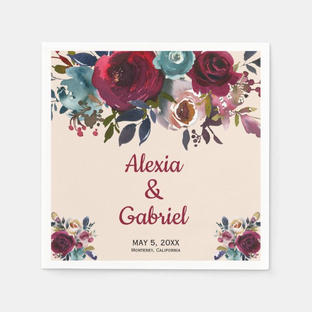 Boho Burgundy Marsala Rote Marine Blumenhochzeit Serviette (Vorderseite)