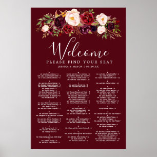 Boho Burgundy Marsala Wedding Seating Chart Sign Poster