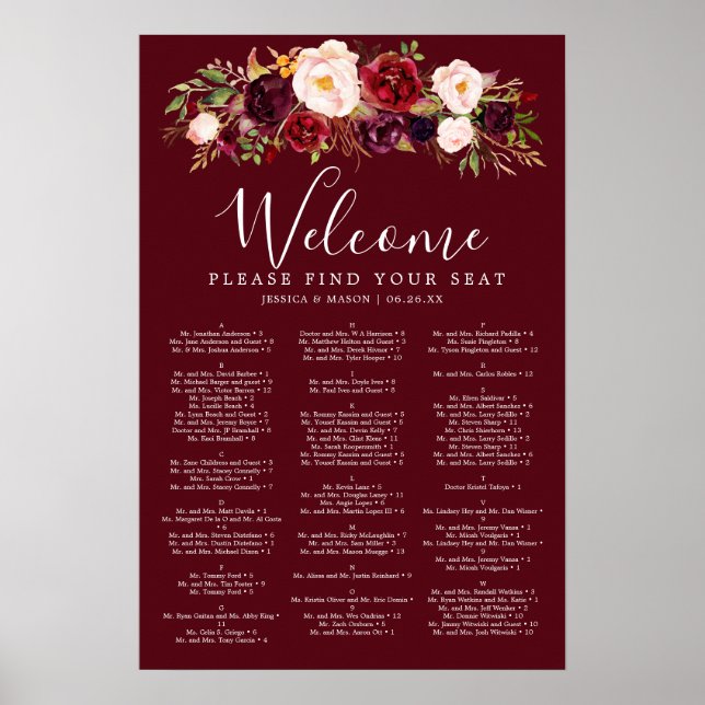 Boho Burgundy Marsala Wedding Seating Chart Sign Poster (Vorne)